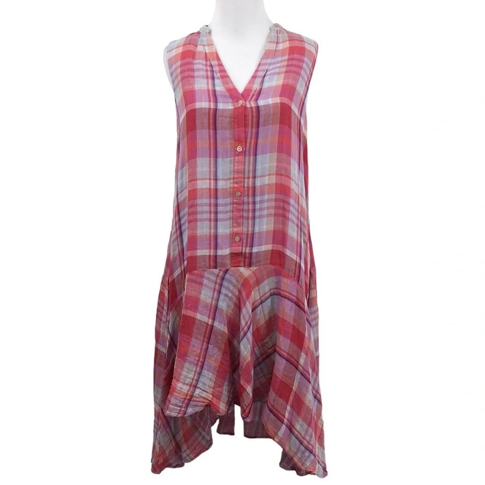 Maeve Anthropologie Sun Dress Womens Small Pink Blue Plaid Swing V Neck